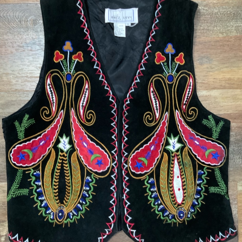 Erez Levy Vintage 80s Black Suede Embroidered Vest Paisley Folk Boho Art SZ M - Picture 4 of 6
